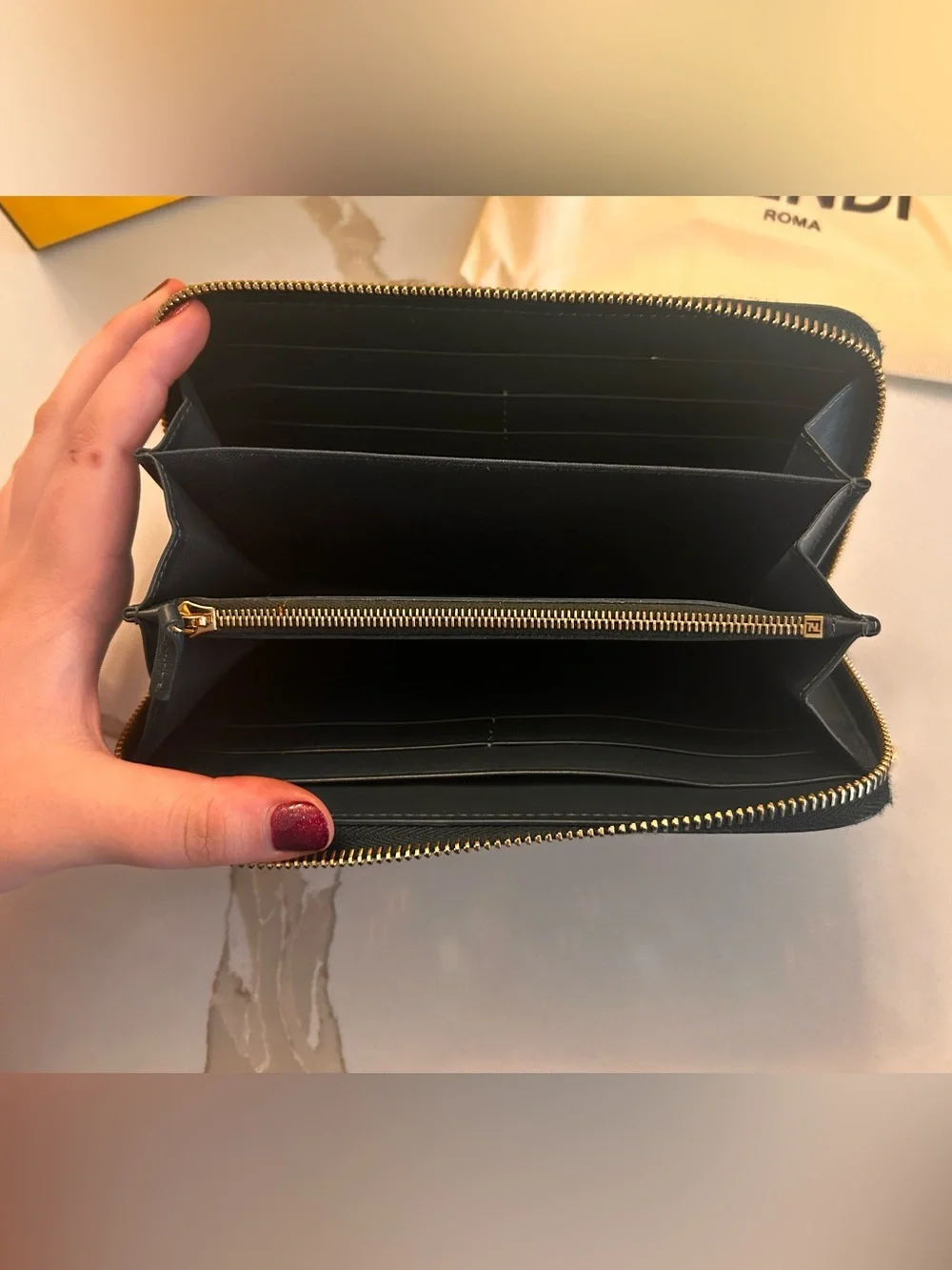Fendi Black Leather Zip Wallet with Color Studs